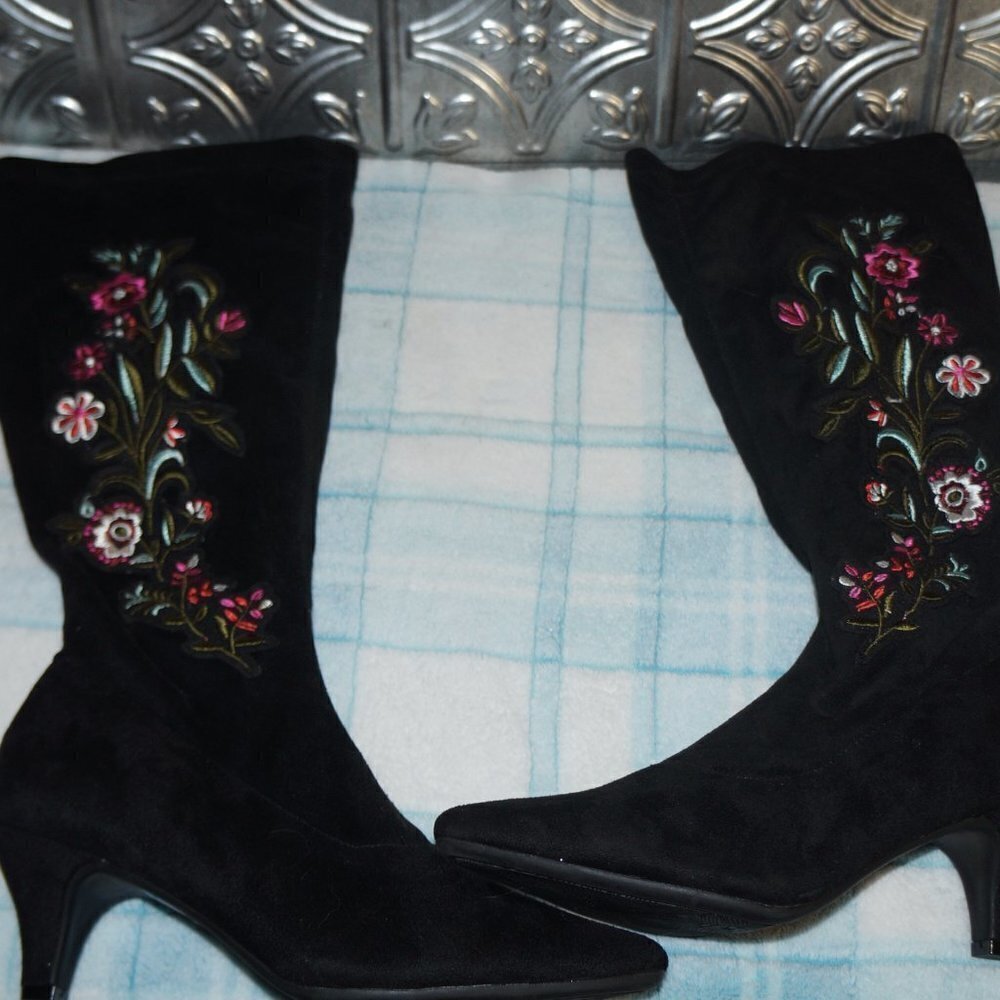 Comfortview Size 9M Knee High Floral Black Stiletto Heeled Dress Boots